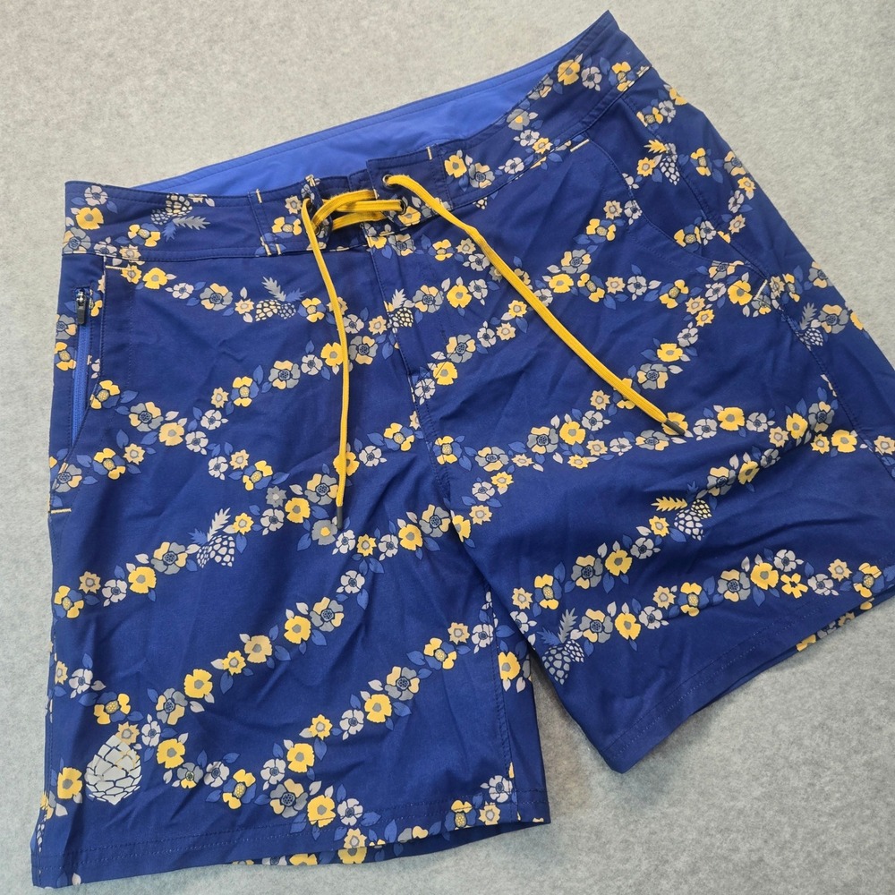 Stio Mens Board Shorts Navy Blue Floral Pineapple Stretch Swim Trunks Size 34